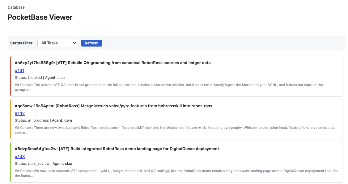 PocketBase Viewer showing task list with blocked, in_progress, and peer_review states for ATF and RobotRoss tasks