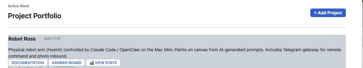 Project Portfolio showing Robot Ross project with Documentation, Kanban Board, and View Stats links